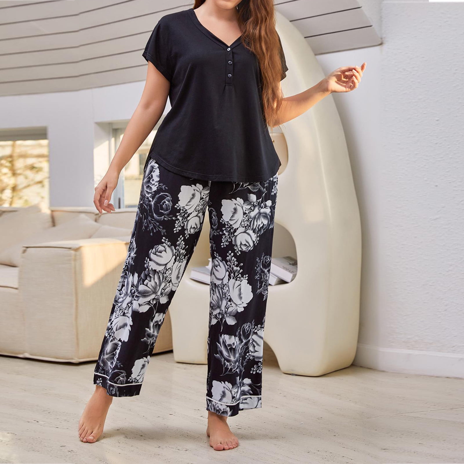 Women Loungewear Sets 2 Piece pj Sets,Long Sleeved V Neck