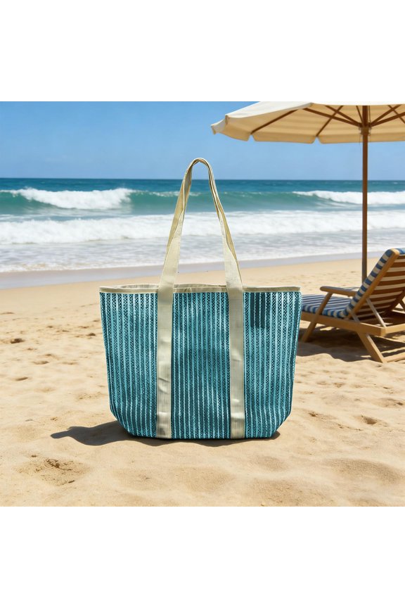 Polyester Beach Bag, Large Capacity Colour Blocked Shoulder Bag for Travel Shopping, Breathable Openwork Mesh Tote with Quick Dry Design