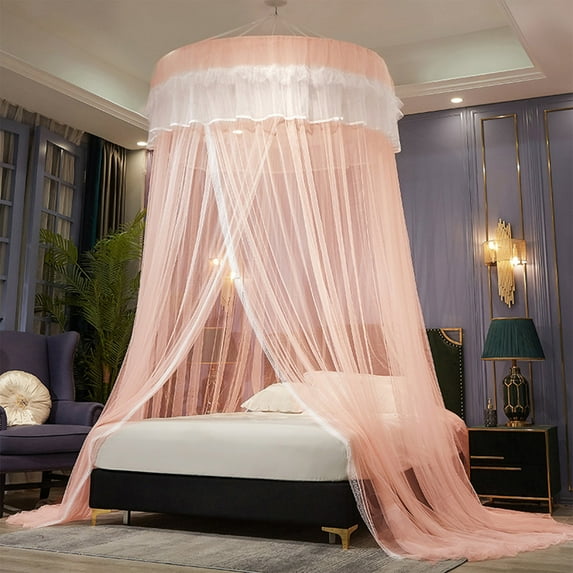EDHITNR Princess Bed Canopy, Elegant Lace Dome Mosquito Net for Bed, Round Lace Bed Curtains with Ceiling Hook, Indoor Outdoor Decor for Girls Boys Adults, Pink