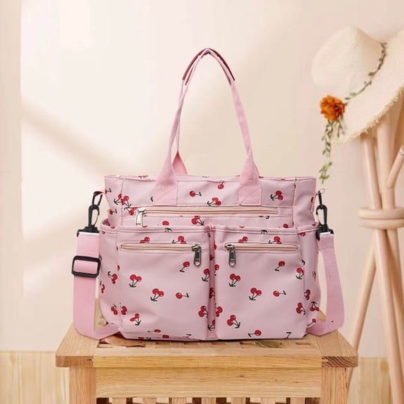 EDHITNR Print Tote Bag for Women, Large Capacity Crossbody Shoulder Handbag, Casual Polyester Tote with Multiple Pockets Secure Zipper for Daily Use Travel Work, Pink