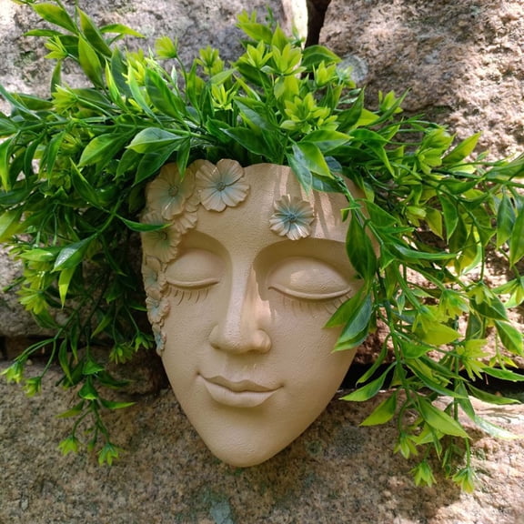 EDHITNR Resin Face Wall Planter, Human Head Garden Wall Mounted Decoration, Unique Lady Design Planter for Succulents Outdoor Indoor Decor, Beige