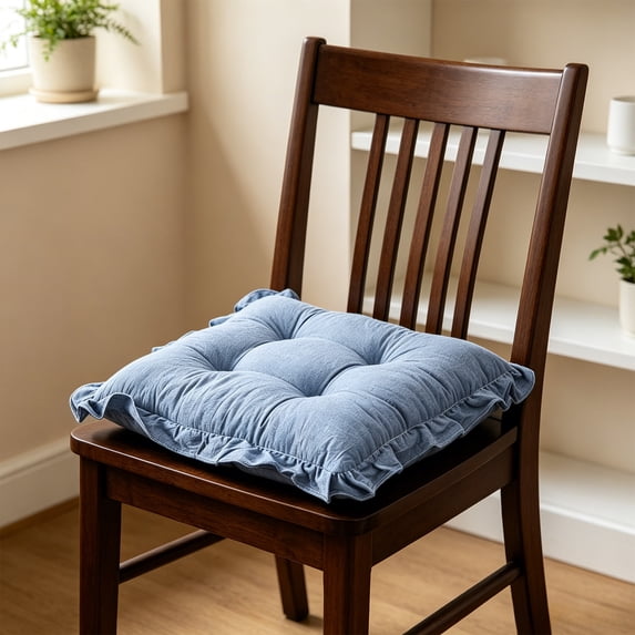 EDHITNR Ruffled Border Tufted Chair Cushion, Soft Thick Cozy Non Slip Seat Pad with Cotton Filling, Decorative Dining Kitchen Bedroom Indoor Cushion for Home, Blue