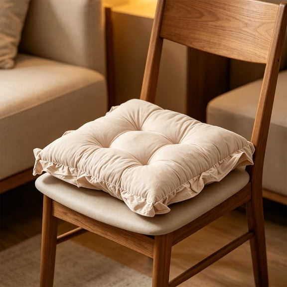 EDHITNR Ruffled Border Tufted Chair Cushion, Soft Thick Cozy Non Slip Seat Pad with Cotton Filling, Decorative Dining Kitchen Bedroom Indoor Cushion for Home, Khaki