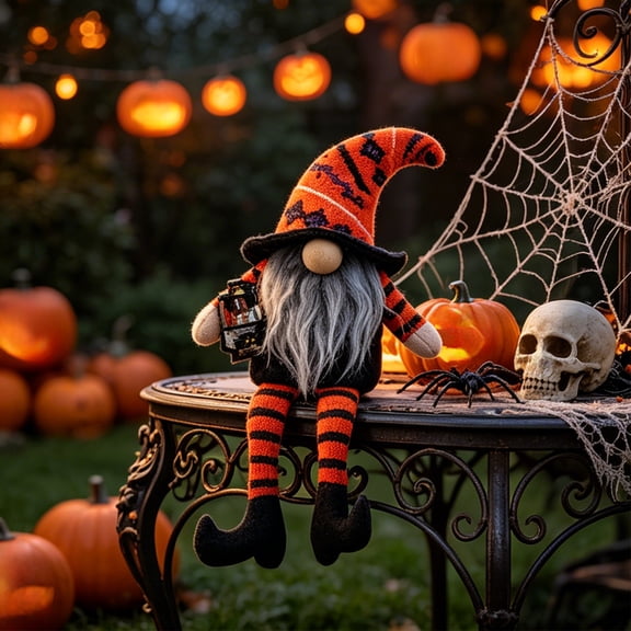 EDHITNR Striped Leg Faceless Witch Gnome Doll, Scare Free Lint Ornament for Party Home Tabletop Decor, Tall Hat Faceless Doll with Sand Filled Base for Mantel Shelf Display, Orange