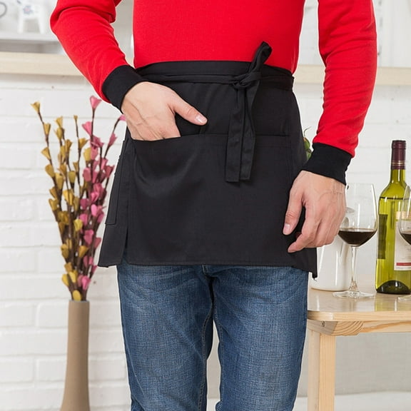EDHITNR Waist Short Apron, Unisex Waiter Waitress Kitchen Apron with Pockets, Professional Restaurant Hotel Uniform Bib Apron for Cooking Serving Cleaning, Black