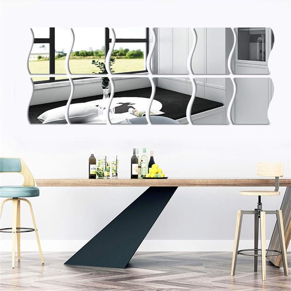 EDHITNR Wavy Mirror Wall Stickers, 6 Pcs Acrylic Mirror Plastic Sheet for Home Decor, Removable Adhesive Full Length Mirror Tiles for Living Room Bedroom Sofa TV Wall Decor, Silver