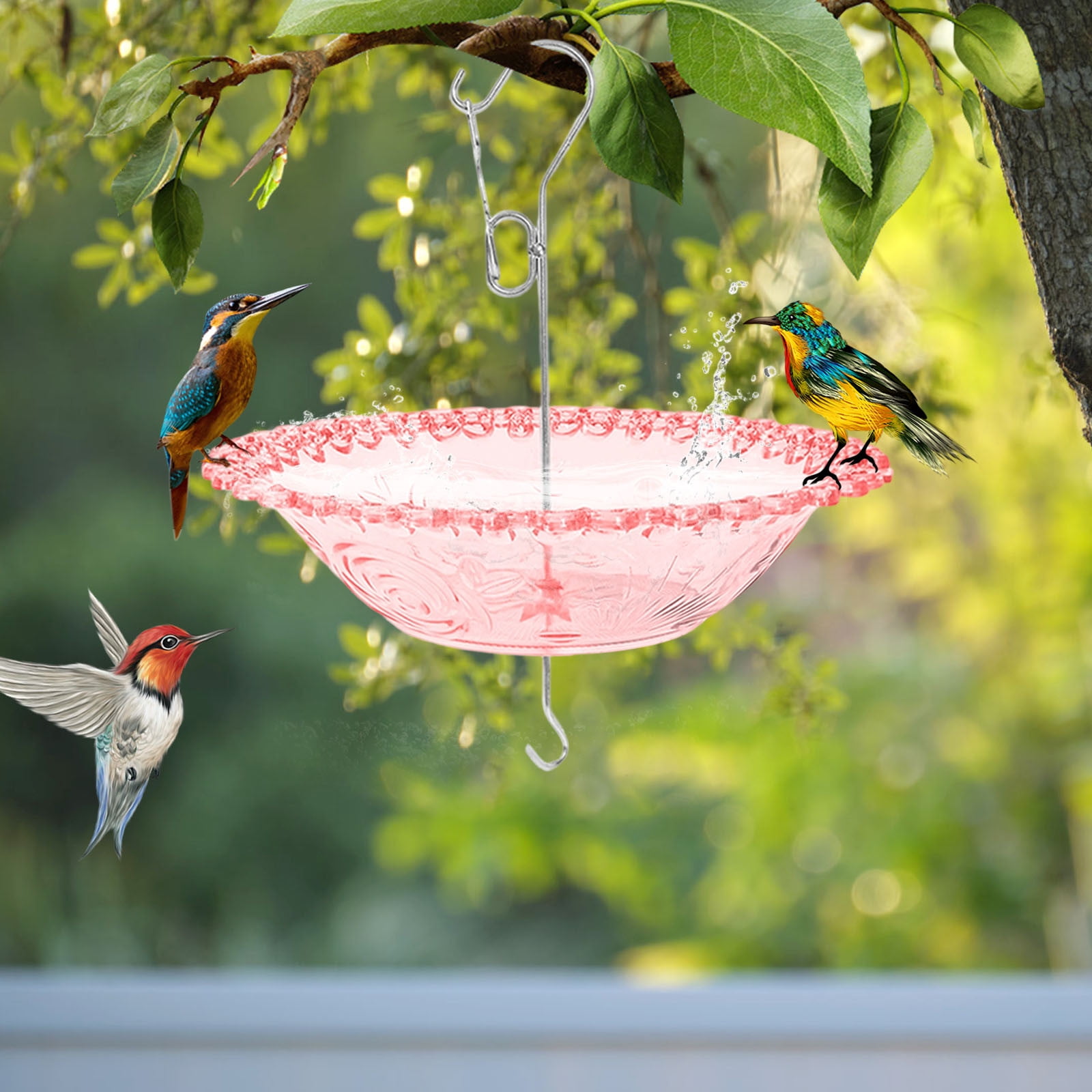 EDHITNR Windproof Rainproof Bird Bath, Outdoor Garden Hanging Bird Bath Feeder, Decorative Courtyard Birdbath for Attracting Birds Garden Yard Patio, Red