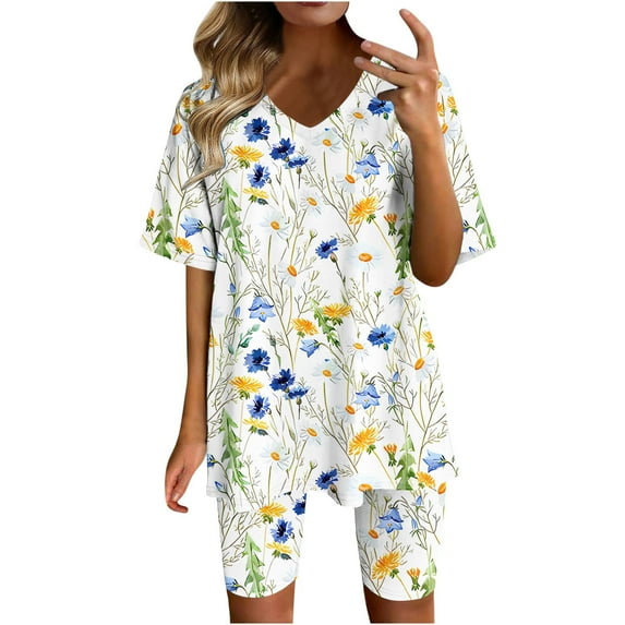 EDHITNR Women Clothing Women Casual Summer V Neck Short Sleeve Tops And Short Pants Suit, Sizes S-3XL