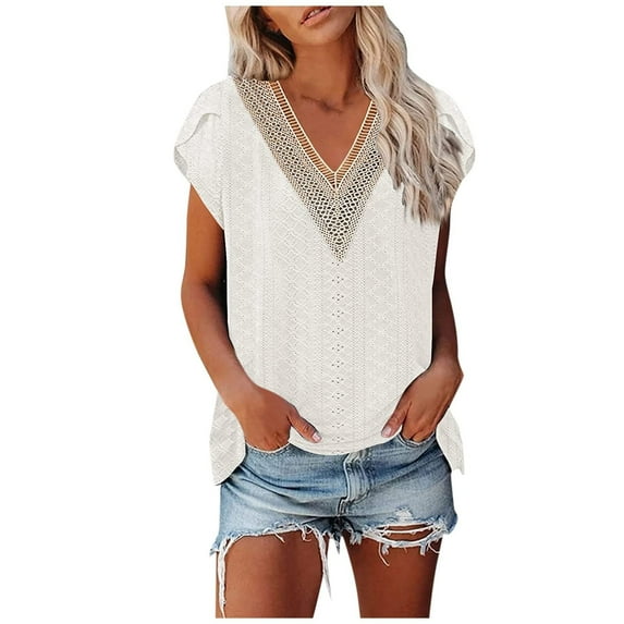 EDHITNR Women Clothing Women Summer V-Neck Short Sleeve Tops Solid Casual T-Shirt Blouse, Sizes S-2XL