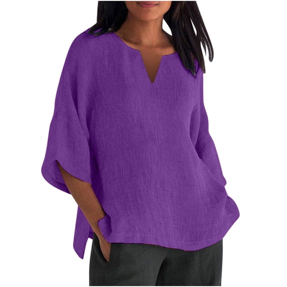 EDHITNR Women's Plus Size Tops Casual Three-Quarter Sleeve V Neck Solid Loose Tee Tops