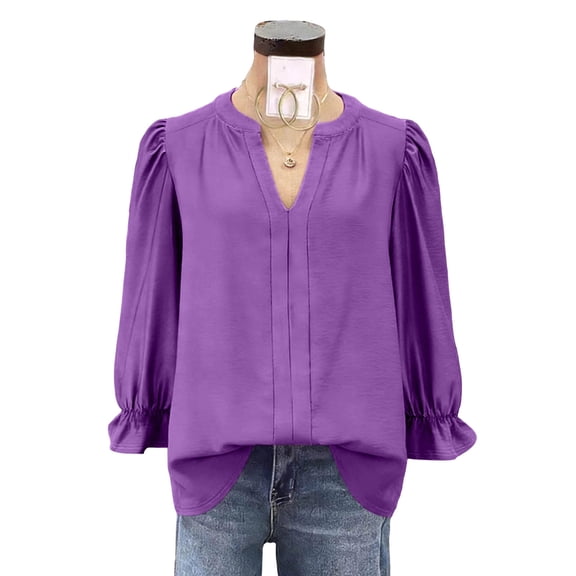 EDHITNR Womens Blouse Puff V Neck Puff Long Sleeve Solid Casual Flowy Curved Hem Loose Tops Spring Fashion Elegant Ruffle Tops Purple XL
