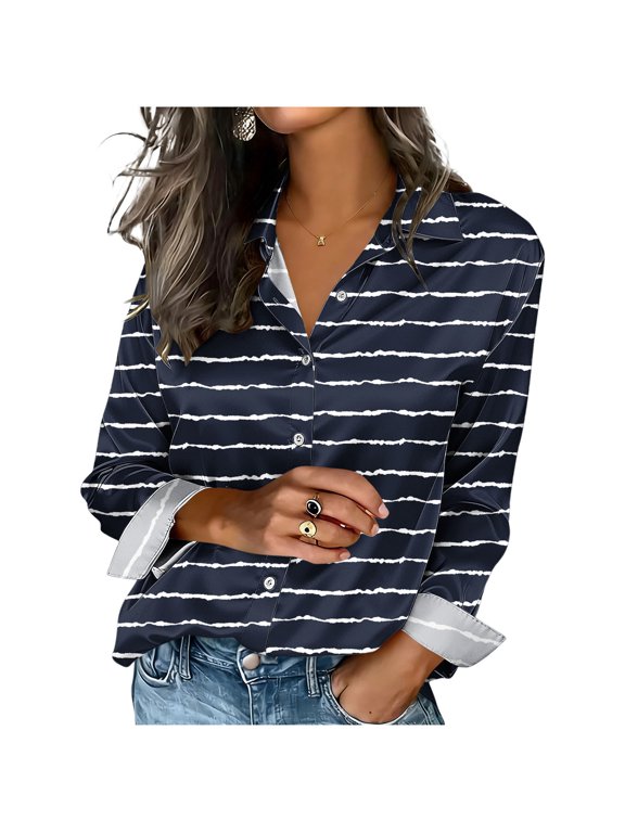 Womens Button Down Collared Long Sleeve Striped Blouse Casual Loose Lightweight Soft Fashion Work Shirts Top Black S
