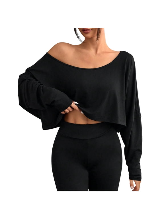 Womens Crop Tops Off Shoulder Long Sleeve Solid Casual Loose Flowy Asymmetric Irregular Hem Blouse Summer Party Vacation Fashion Top Black S