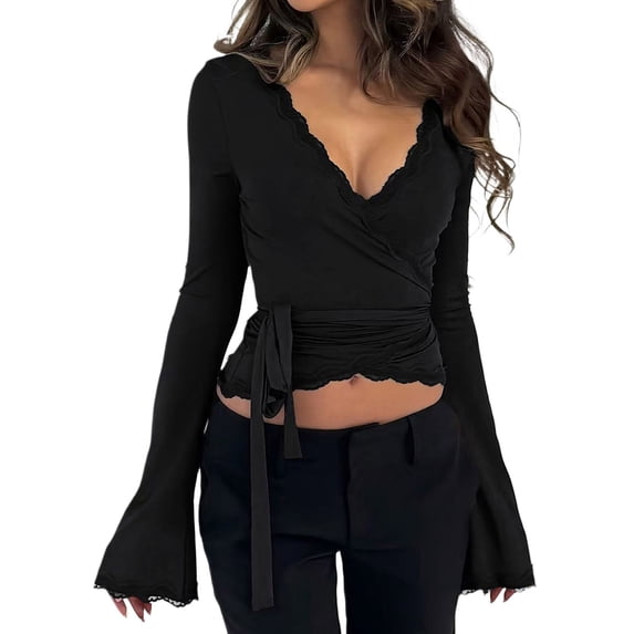 Wrapped Party EDHITNR Womens Crop Tops Wrap Lace Trim Long Sleeve V Neck Solid ...