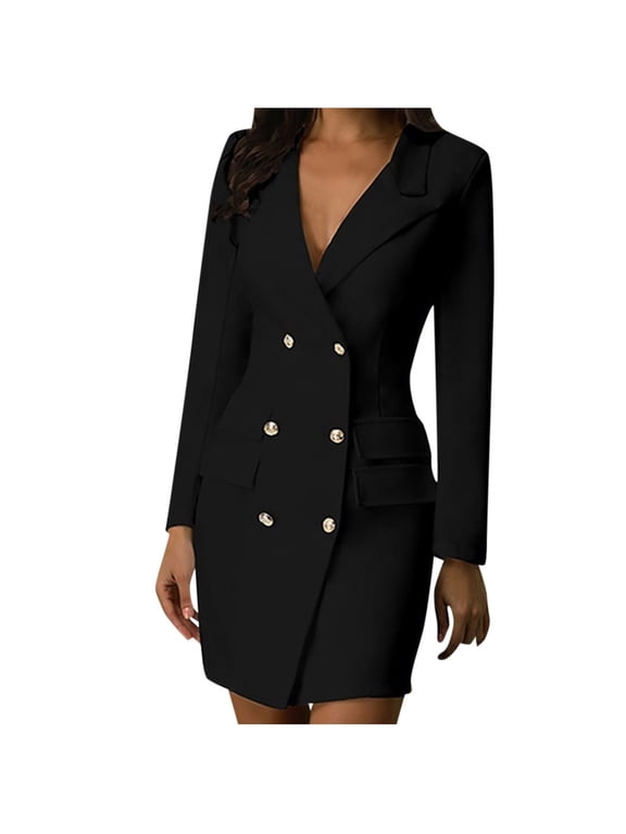 Womens Dressy Elegant Business Work Long Sleeve V Neck Button Down Solid Slim Double Breasted Blazer Dress Coat Black S