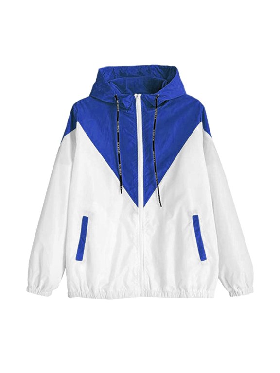 Womens Hooded Zip Up Jacket Long Sleeve Color Block Lightweight Casual Loose Sporty Workout Summer Fall Spring Coat Blue S