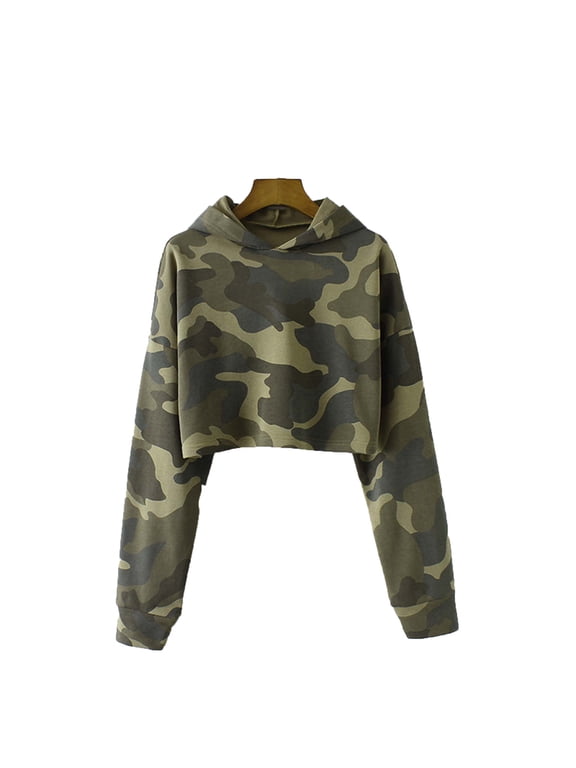 Womens Hoodie Camo Crop Tops Long Sleeve Hooded Pullover Casual Comfy Loose Camouflage Print Blouse Basic Fashion Spring Fall Winter Top
