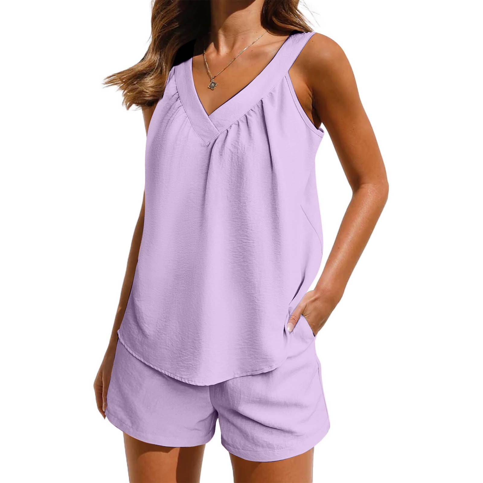 EDHITNR Womens Pajamas Fashion 2 Piece Solid Color Sleeveless Sleepwear ...