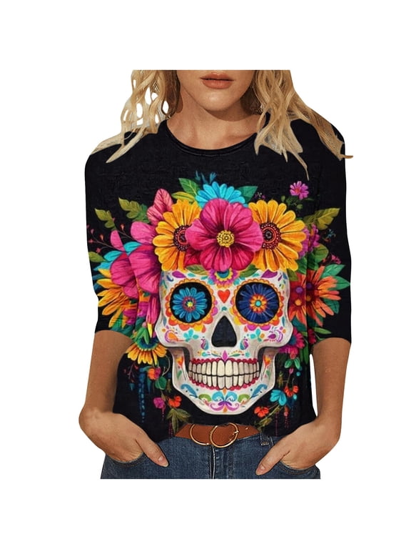 Womens Skull Floral Graphic Tee Loose Round Neck 3/4 Sleeve Summer Tops Day of the Dead Printed T Shirt XL