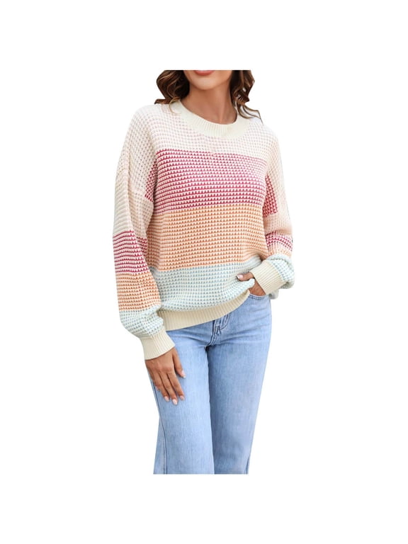Womens Sweater Knitted Gradient Round Neck Long Sleeve Casual Comfy Loose Tops Fall Winter Trendy Color Block Oversized Pullover Beige M