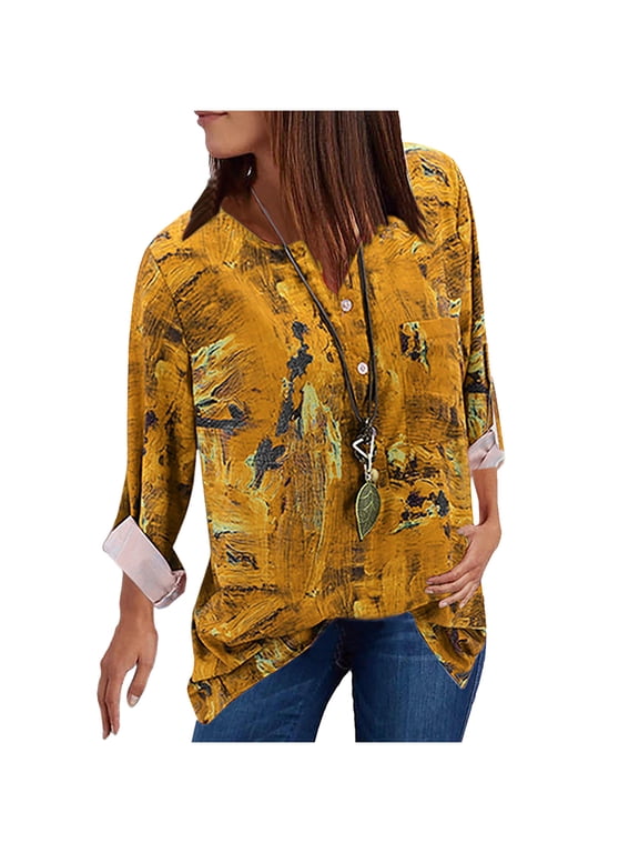 Womens Tops Button Down Irregular Hem Flowy Casual Boho Loose 3/4 Sleeve V Neck Floral Print Leopard Sequins Patchwork Blouse Yellow S