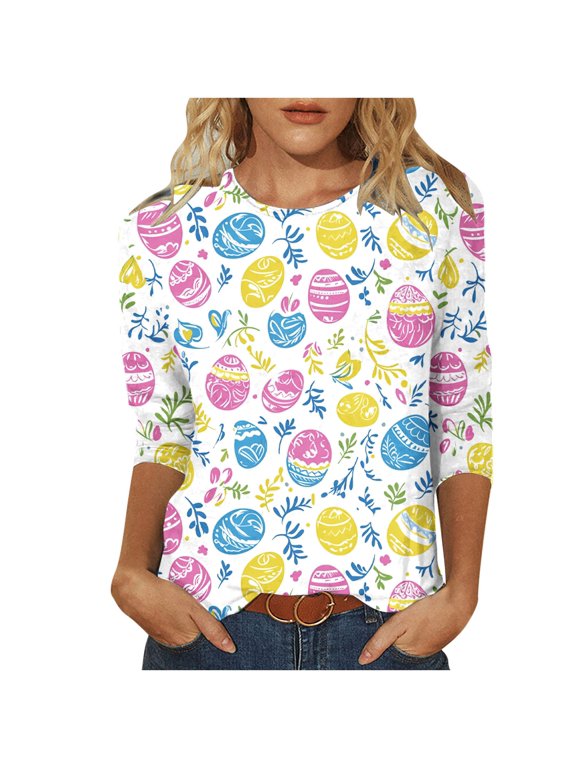 Womens Tops Casual Spring Easter Print 3/4 Sleeve Round Neck Lightweight Soft Cute Fashion Blouse Green S