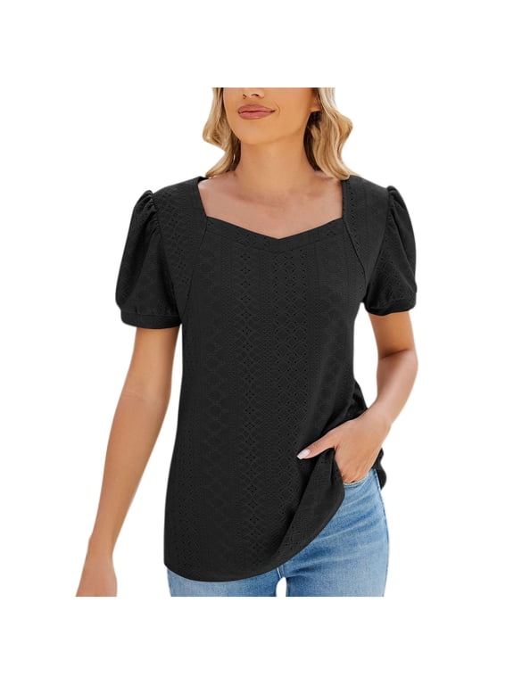 Womens Tops Eyelet Puff Sleeve Square Neck Short Sleeve Solid Casual Fashion Loose Summer Blouse Flowy Tunic Black L