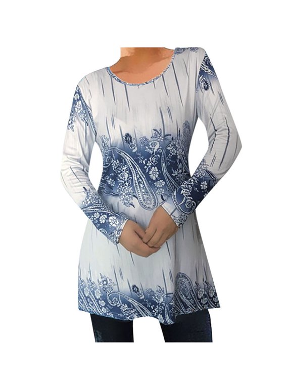 Womens Tops Long Sleeve Round Neck Gradient Floral Casual Flowy Loose Ethnic Boho Blouse Plus Size Printed Top Beige XL