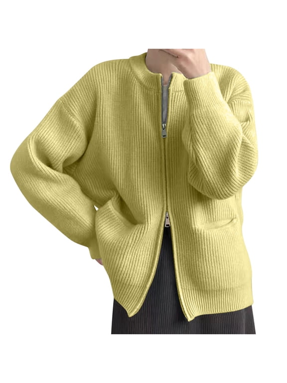 Womens Wool Cardigan Zip Knitted Ribbed Round Neck Long Sleeve Solid Casual Comfy Loose Oversized Fall Winter Sweater Yellow FREE SIZE