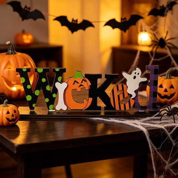 EDHITNR Wooden Letter Ornament Set, Pumpkin Holiday Decorations for Shelf Mantel Table Entryway, Spooky Festive Home Accents 22.5x8cm Sturdy Wood