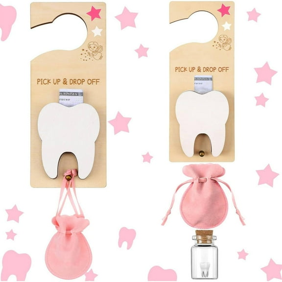 EDHITNR Wooden Tooth Fairy Door Hanger, Children's Lost Teeth Storage Set with Velvet Bag and Glass Bottle, Baby Teeth Keepsake Box for Decorative Gift and Dental Care Habit Encouragement