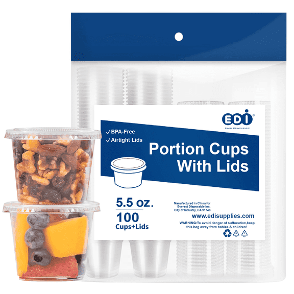 EDI Clear Plastic Disposable Portion Cups/Souffle Cup with Lids (5.5 oz, 100)