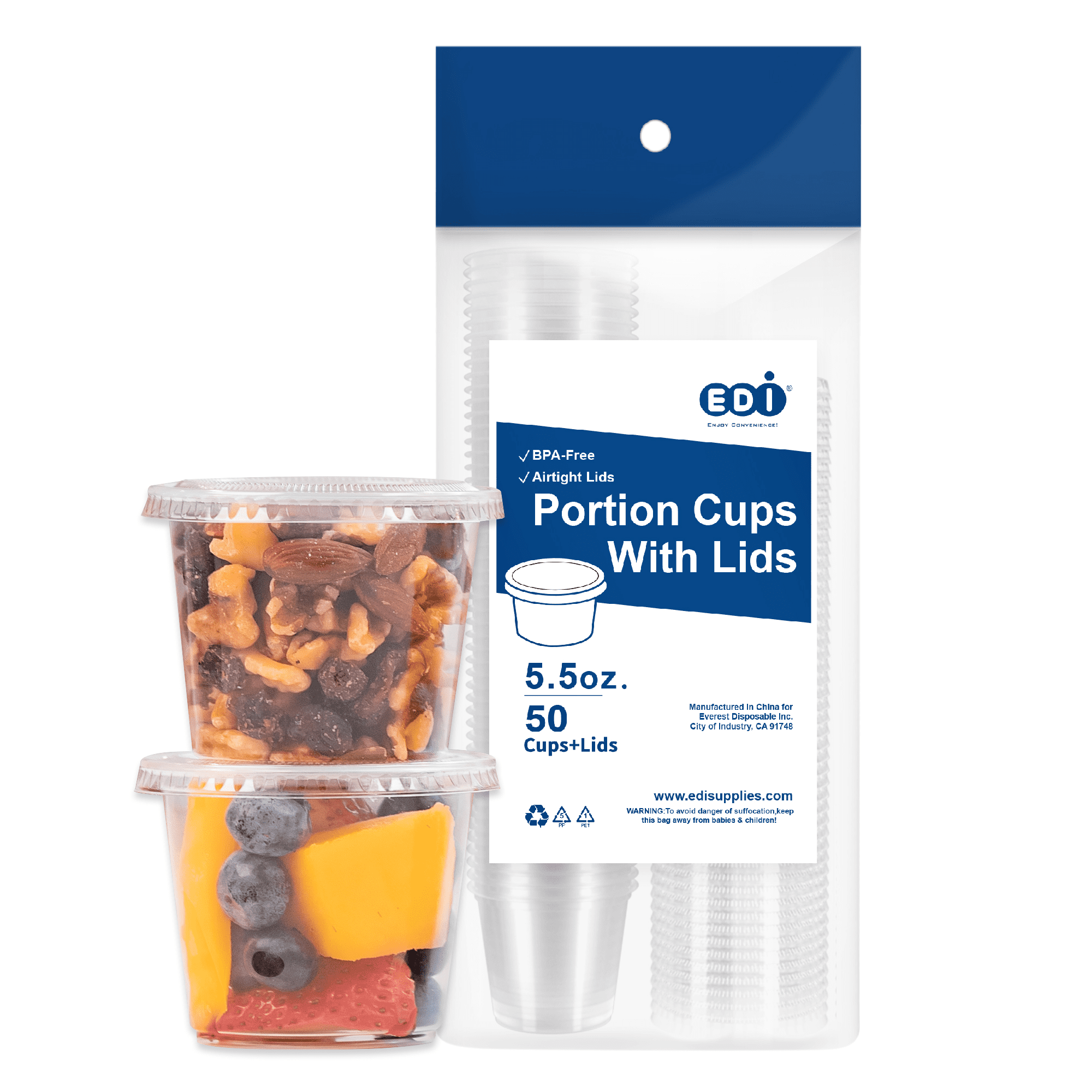 EDI Clear Plastic Disposable/Reusable Portion Cups with Lids, 5.5 oz