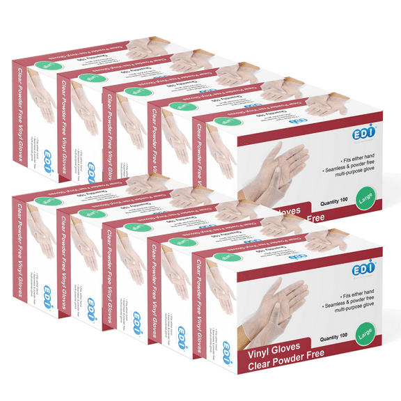 EDI Disposable Large Vinyl Gloves - Powder-Free, Latex-Free 1000