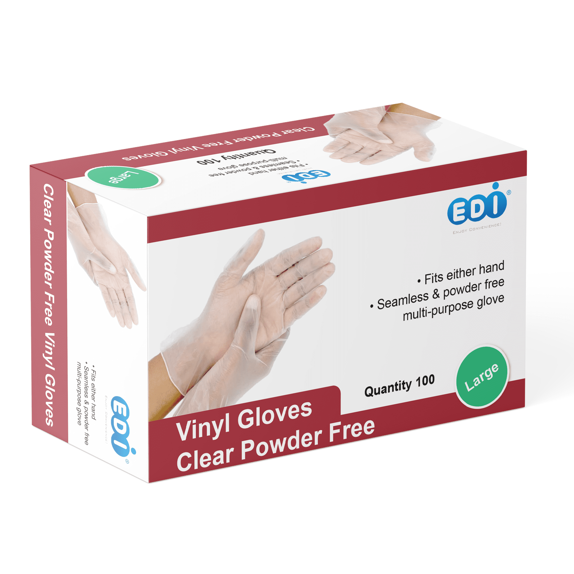 EDI Disposable Large Vinyl Gloves - Powder-Free, Latex-Free 100