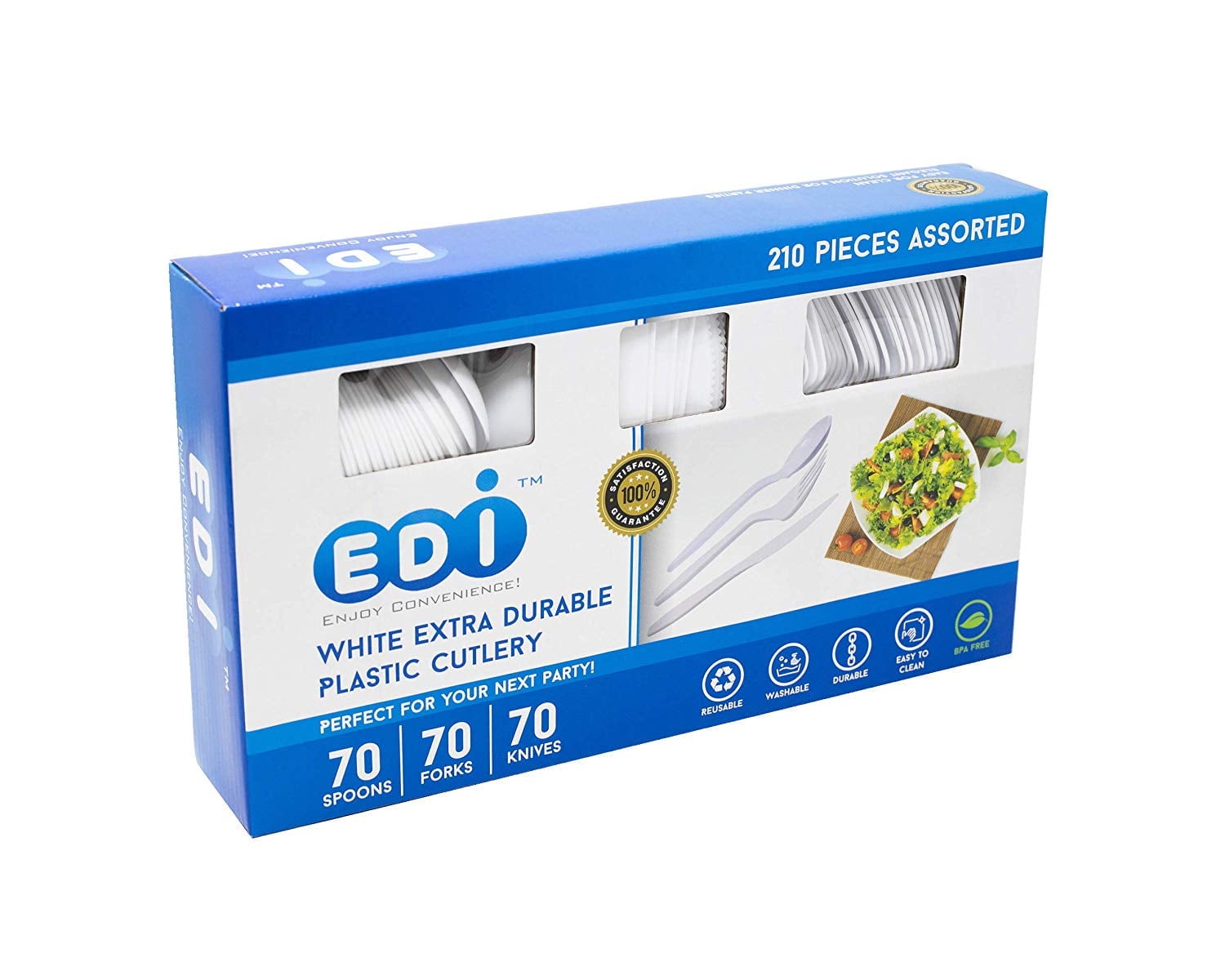 EDI White Disposable Plastic Cutlery Set, 70 Forks, 70 Knives, 70 Spoons, 210 Count