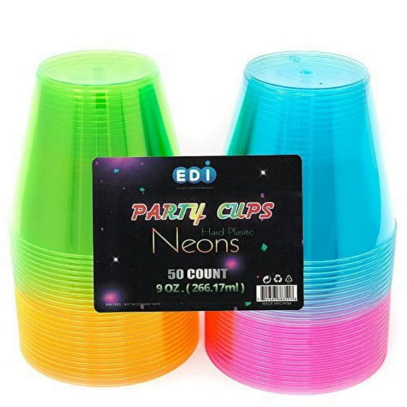 EDI Neon Plastic Party Cups - 9 Oz. Disposable Beverage Tumblers, Assorted Colors, 50 Count