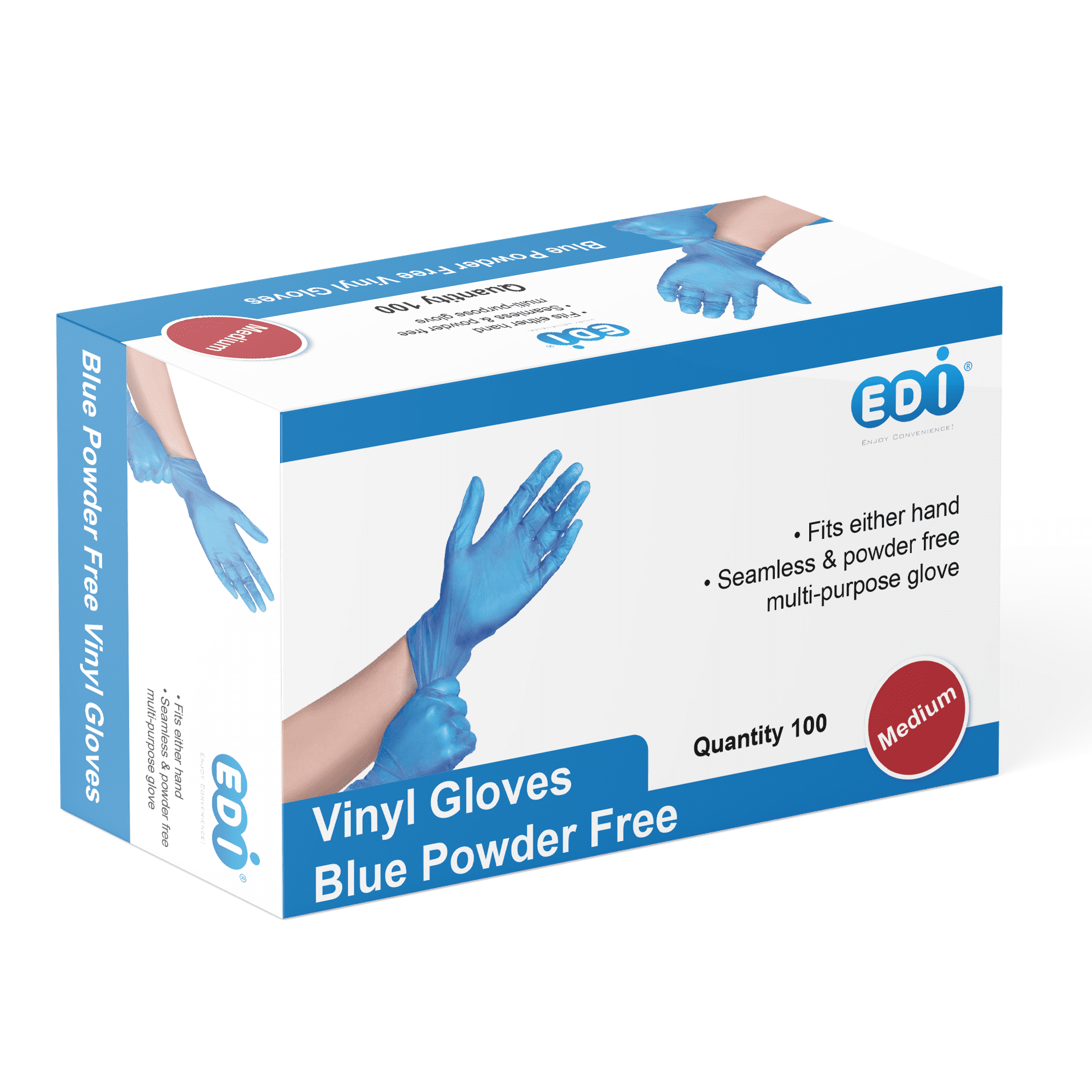 EDI Latex free Vinyl Disposable Gloves, Medium, Blue, 100 Count