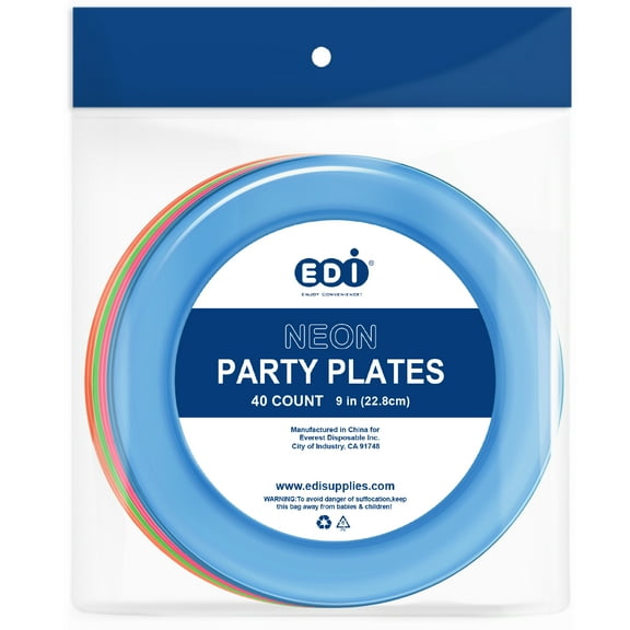 EDI Multi-color Round Luncheon Plates Plastic Party Supply Sets, (40 Pieces) 9"
