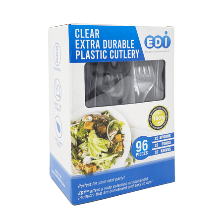 EDI Assorted Heavy-Duty Plastic Cutlery Set - 32 Forks, 32 Knives, 32 Spoons, Clear, 96 Count