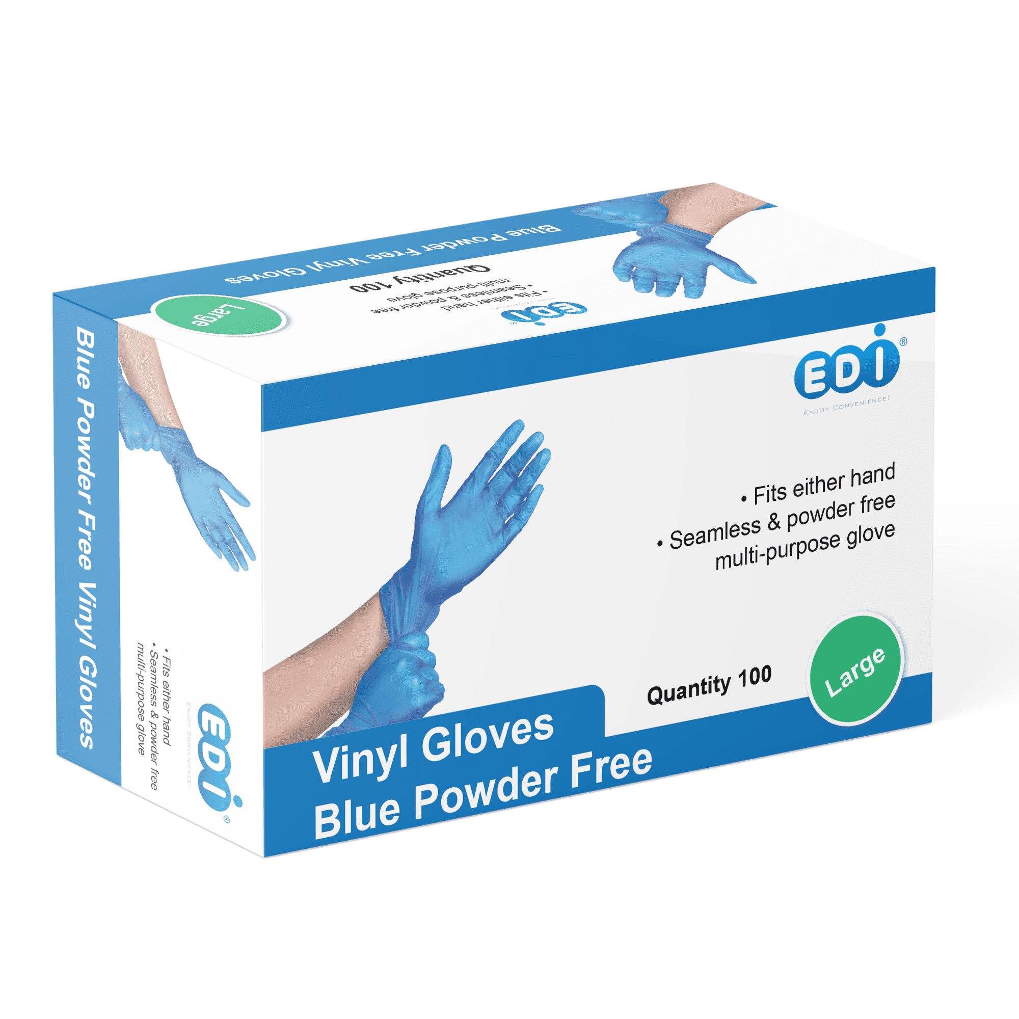 EDI Blue Vinyl Glove, Disposable, Powder-Free, Large (100 Count)