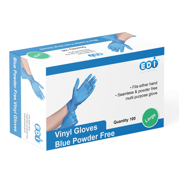 EDI Blue Vinyl Glove, Disposable, Powder-Free, Large (100 Count)