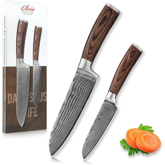 EDIB 2-Piece Damascus Kitchen Knife Set Santoku & Small Santoku with VG10 Core made of 67-Layer Damascus Steel Blades Professional Chef Knives with Ergonomic Pakkawood Handles in Gift Box