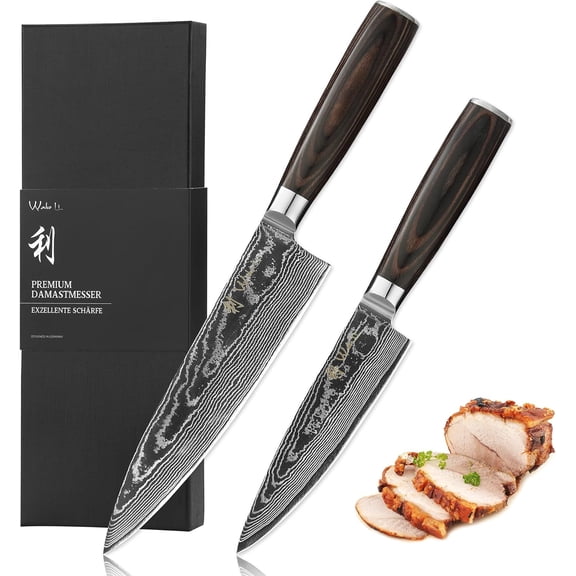 EDIB Essentials 2-Piece Damascus Chef Knife Set Professional Kitchen Knives with 67-Layer VG10 Core Steel, Ergonomic Pakkawood Handles Premium Cooking Knives in Gift Box