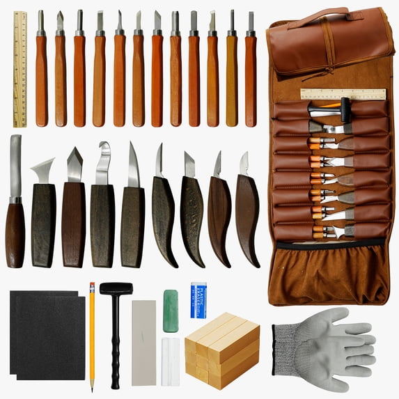 EDIETH 44 Pcs Wood Carving Kit with Leather Case Complete Whittling ...
