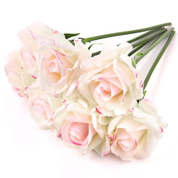 EDIMENS 7pcs Artificial Roses Flowers, Faux Silk Rose Artificial Flower, Real Touch Fake Flowers Decoration DIY for Wedding Party Home Office Decoration Dining Table Centerpiece, White Pink Edge