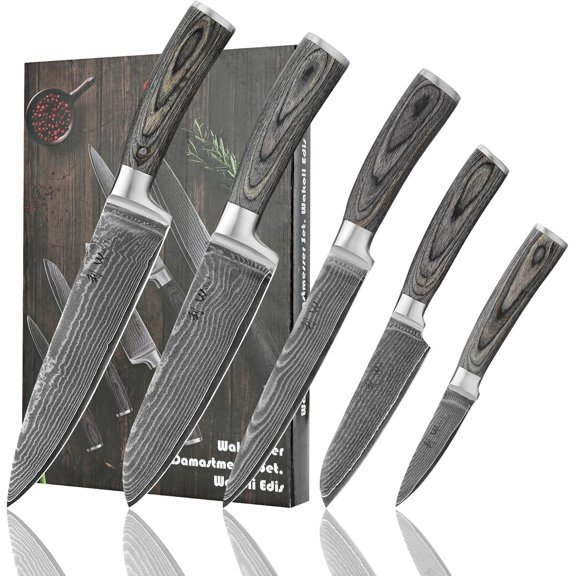 EDIS 5-Piece Damascus Kitchen Knife Set Professional Kitchen Knives with VG10 Core, 67-Layer Damascus Steel Blades and Ergonomic Pakkawood Handles Premium Chef Knife Set in Gift Box