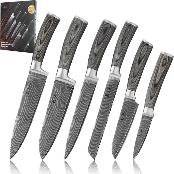 EDIS 6-Piece Damascus Kitchen Knife Set Professional Chef Knives Set with VG10 Core Blades, 67-Layer Damascus Steel & Ergonomic Pakkawood Handles Premium Kitchen Knives in Elegant Gift Box