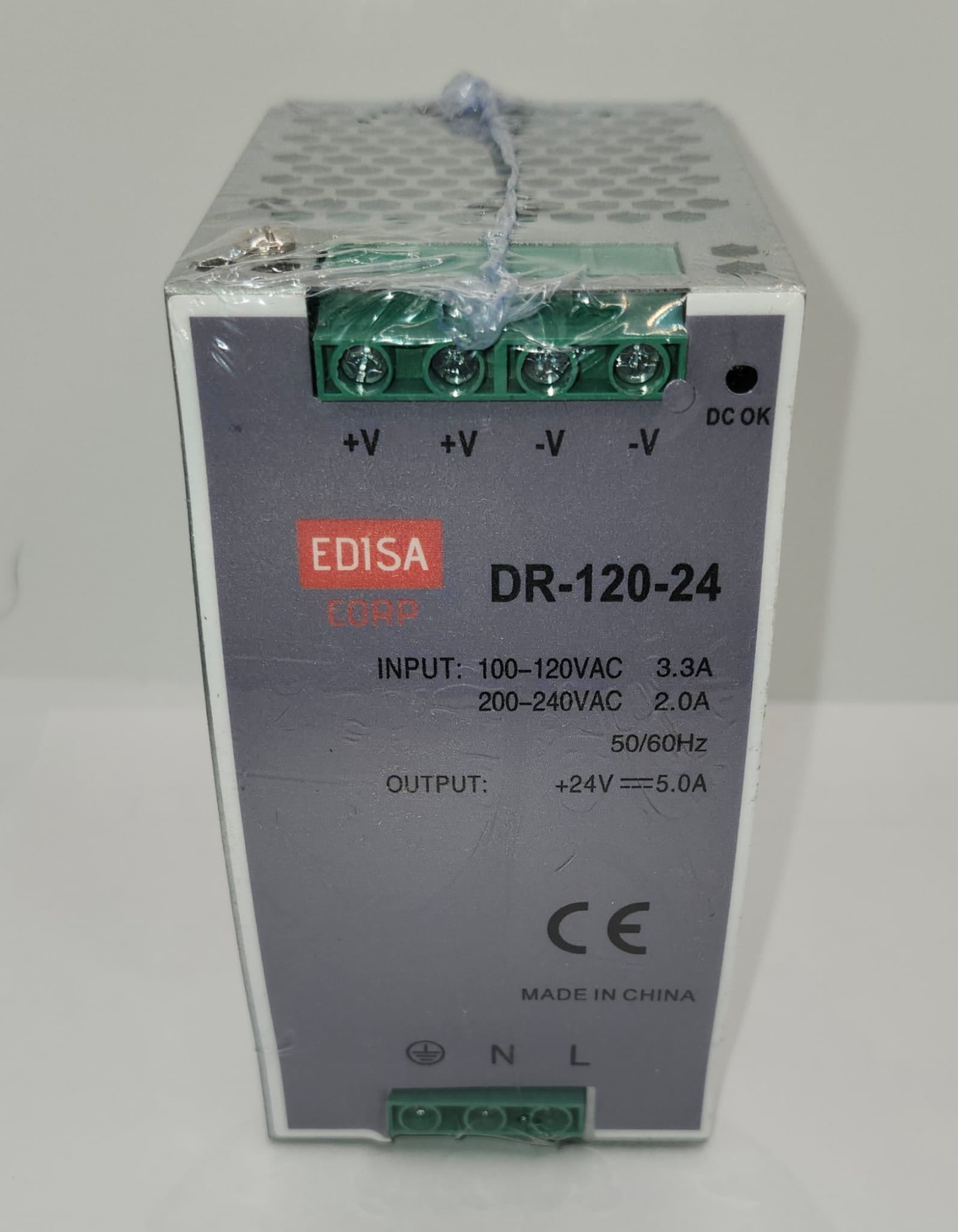 EDISA CORP DR-120-24 DIN Rail Power Supply, 24V 5A 120W, Input 100-240VAC 50/60Hz