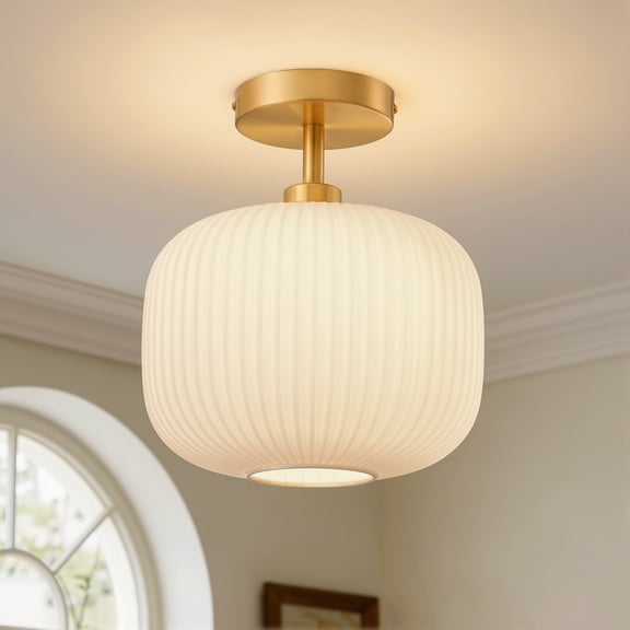 EDISHINE 11.8 Inch Semi Flush Mount Ceiling Light Fixture, Modern White Jade Glass Shade, for Bedroom Hallway Dining Room Kitchen